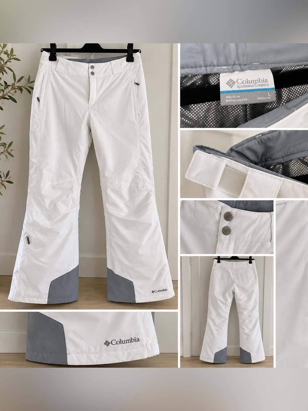 Columbia White Snow Pants with Gray Trimy